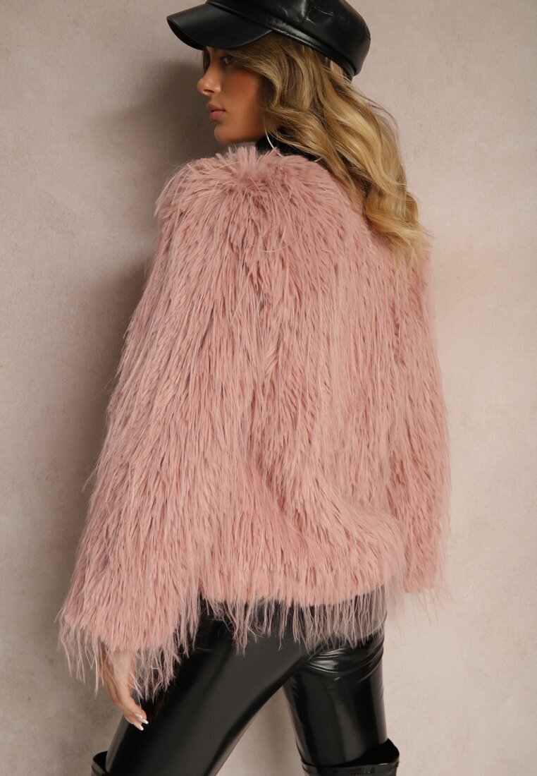 wool fashion Jachetă roz de blană cu croială dreaptă cu închidere cu agrafe Sialithiel