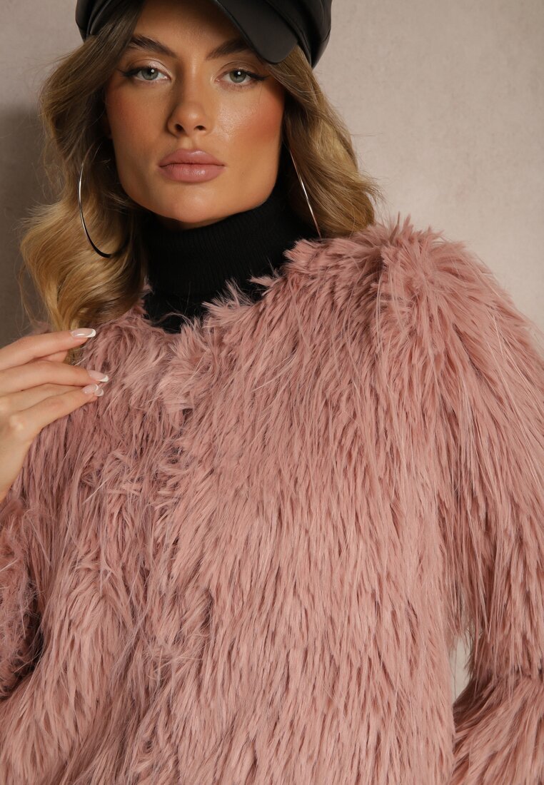 wool fashion Jachetă roz de blană cu croială dreaptă cu închidere cu agrafe Sialithiel