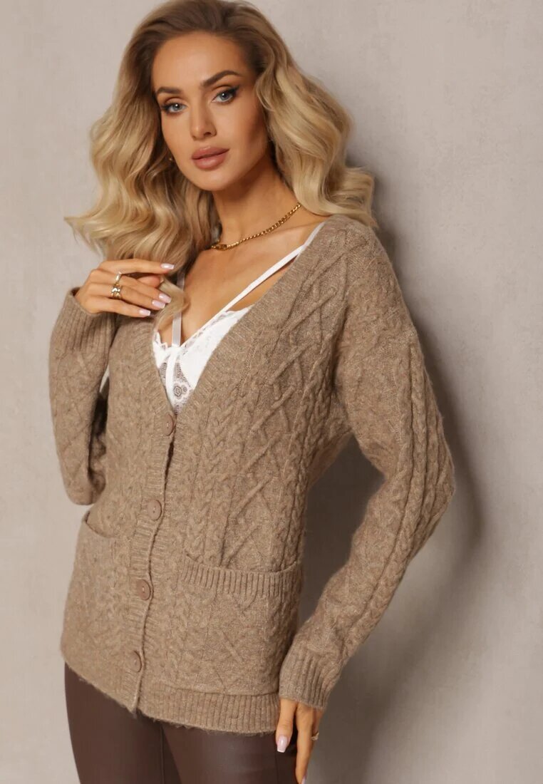 wool fashion Kardigan bej cu nasturi cu decolteu în V și model împletit Juessa