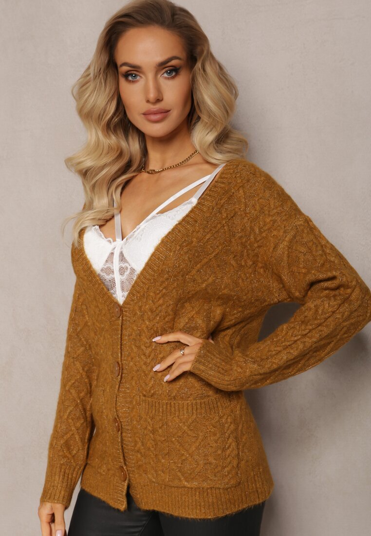 wool fashion Kardigan Zapinany Jasnobrązowy cu Decolteu în V și Model Împletit Juessa