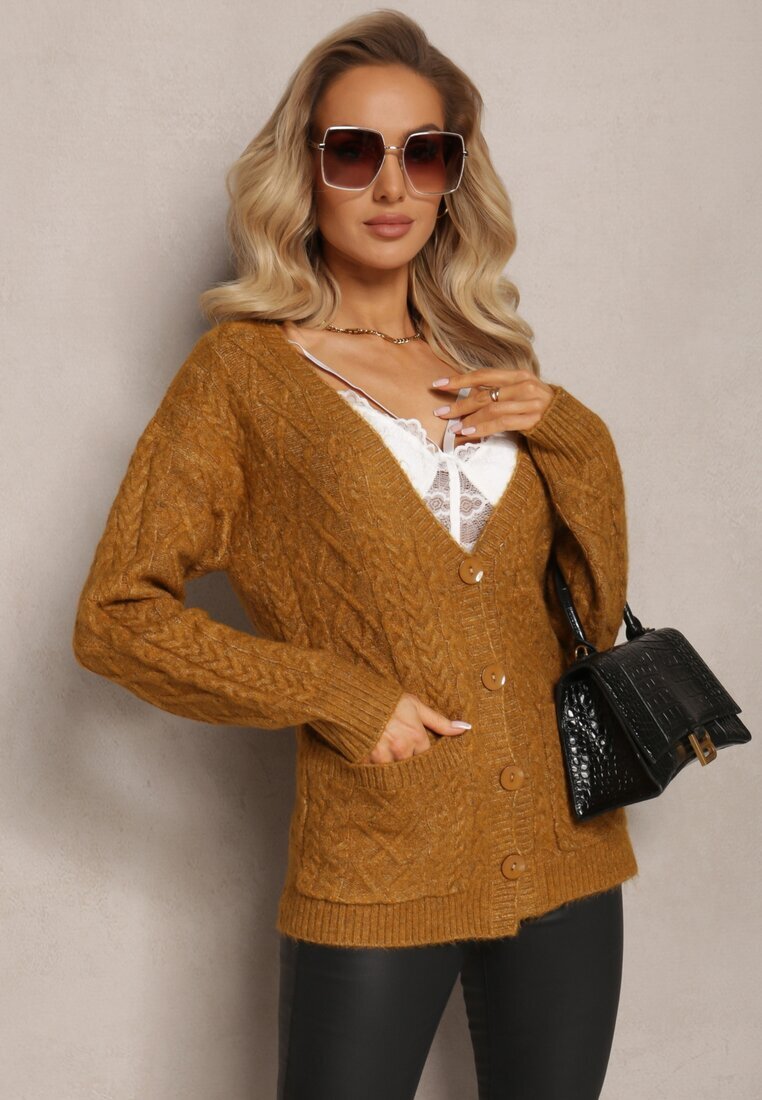 wool fashion Kardigan Zapinany Jasnobrązowy cu Decolteu în V și Model Împletit Juessa