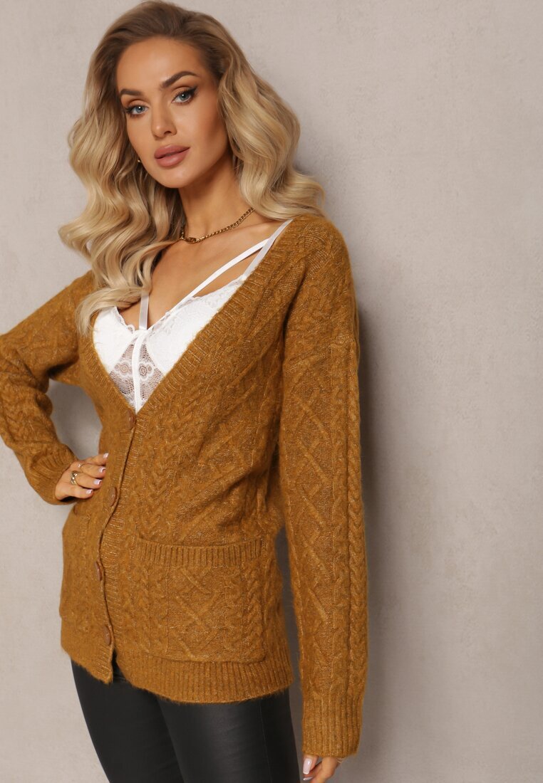 wool fashion Kardigan Zapinany Jasnobrązowy cu Decolteu în V și Model Împletit Juessa