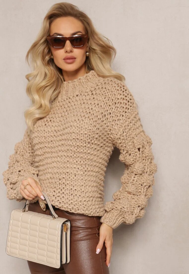 wool fashion Maletă Bej Clasic cu Împletitură Decorativă pe Mâneci Biska