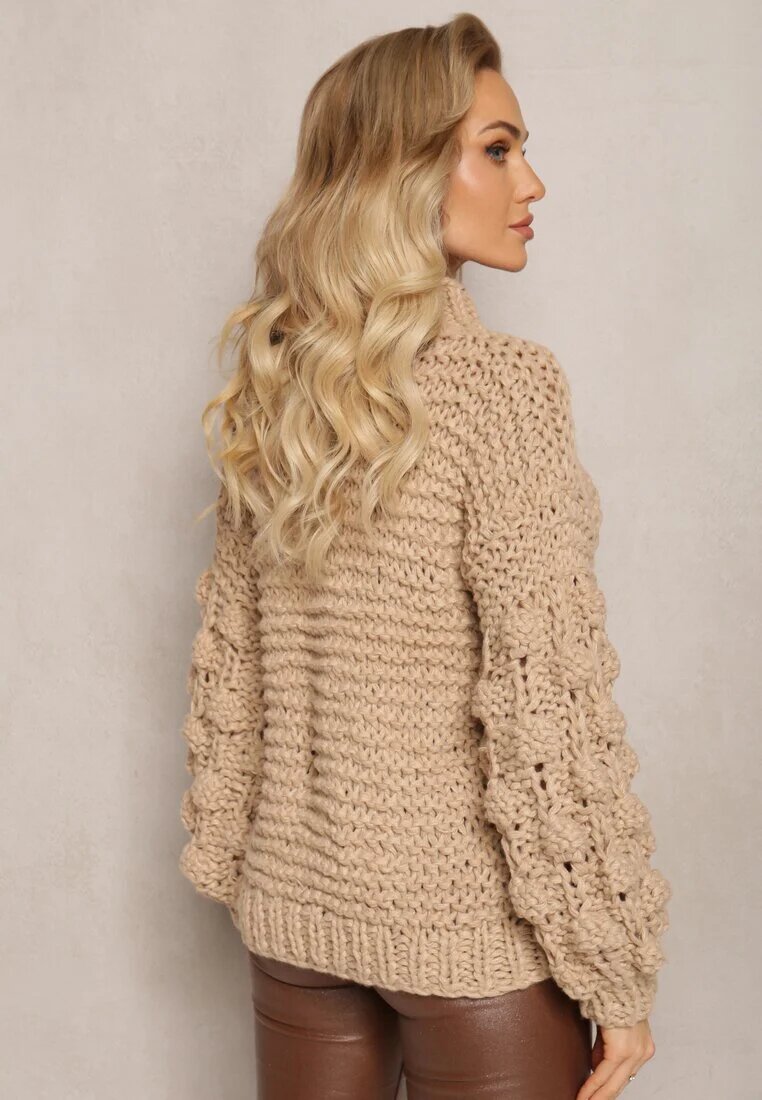 wool fashion Maletă Bej Clasic cu Împletitură Decorativă pe Mâneci Biska