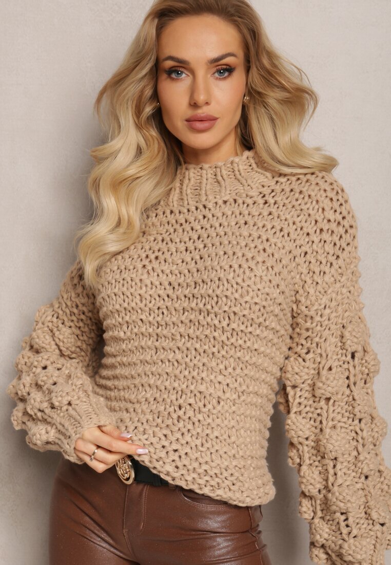 wool fashion Maletă Bej Clasic cu Împletitură Decorativă pe Mâneci Biska