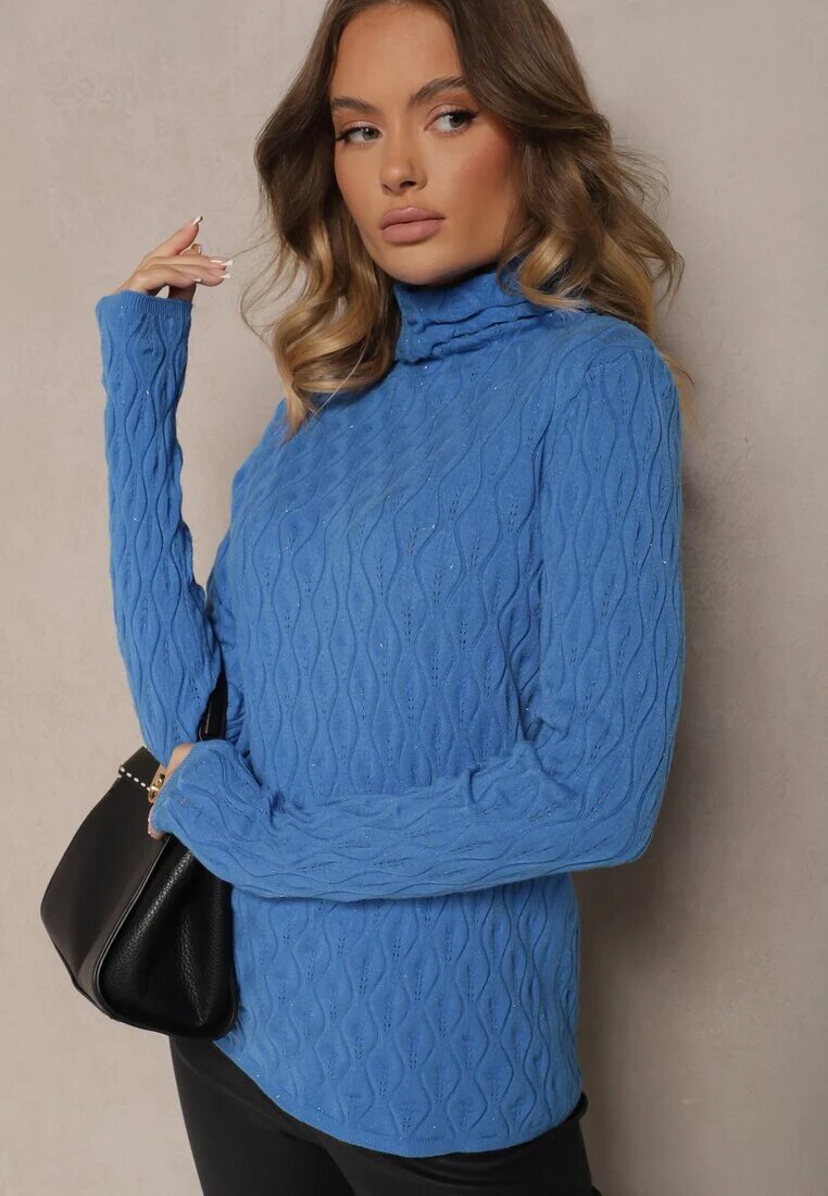 wool fashion Pulover Albastru din Viscoză cu Model în Relief Cusut cu Fir Metalic Neldora