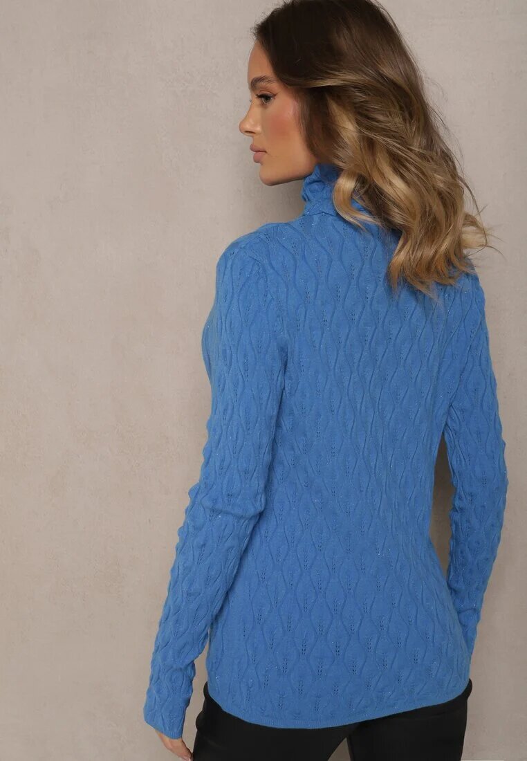 wool fashion Pulover Albastru din Viscoză cu Model în Relief Cusut cu Fir Metalic Neldora