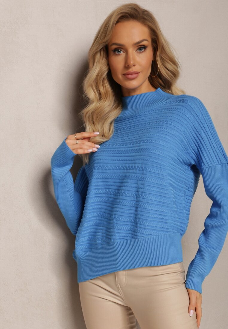 wool fashion Pulover Asimetric Albastru cu Lână Decorat cu Relief Aurorrsa