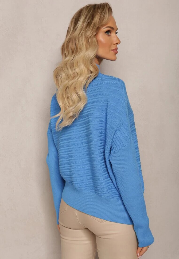 wool fashion Pulover Asimetric Albastru cu Lână Decorat cu Relief Aurorrsa