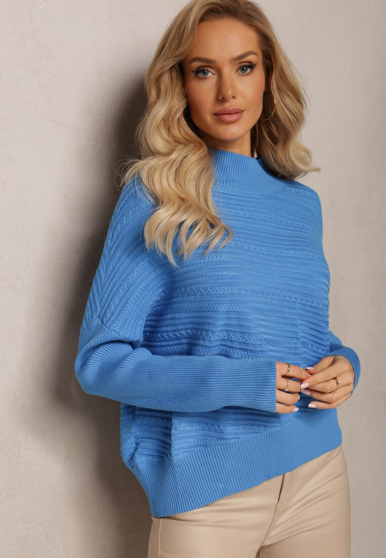 wool fashion Pulover Asimetric Albastru cu Lână Decorat cu Relief Aurorrsa
