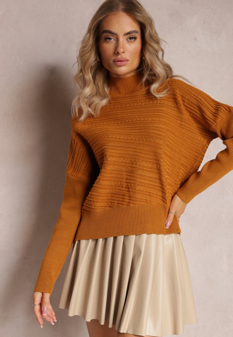 wool fashion Pulover Asimetric Maro deschis cu Lână Decorat cu Imprimeu în relief Aurorrsa