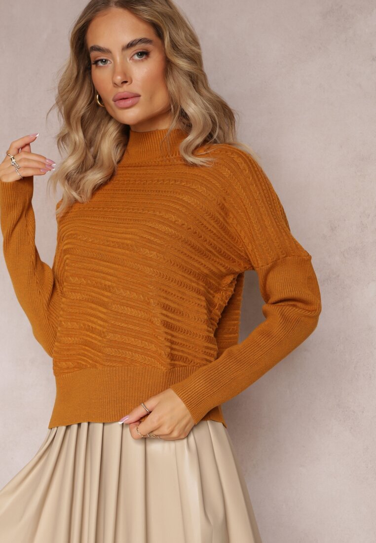 wool fashion Pulover Asimetric Maro deschis cu Lână Decorat cu Imprimeu în relief Aurorrsa