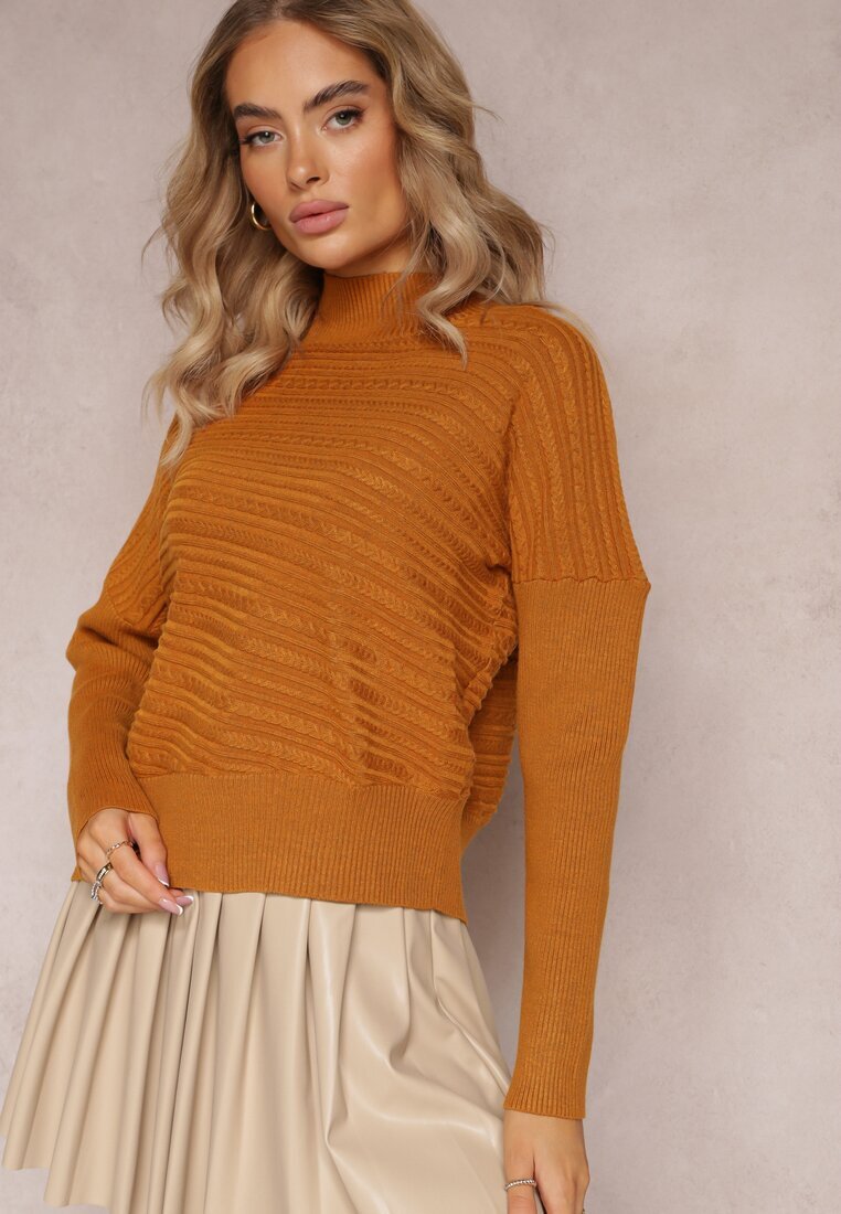 wool fashion Pulover Asimetric Maro deschis cu Lână Decorat cu Imprimeu în relief Aurorrsa