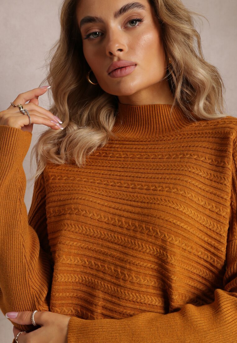 wool fashion Pulover Asimetric Maro deschis cu Lână Decorat cu Imprimeu în relief Aurorrsa