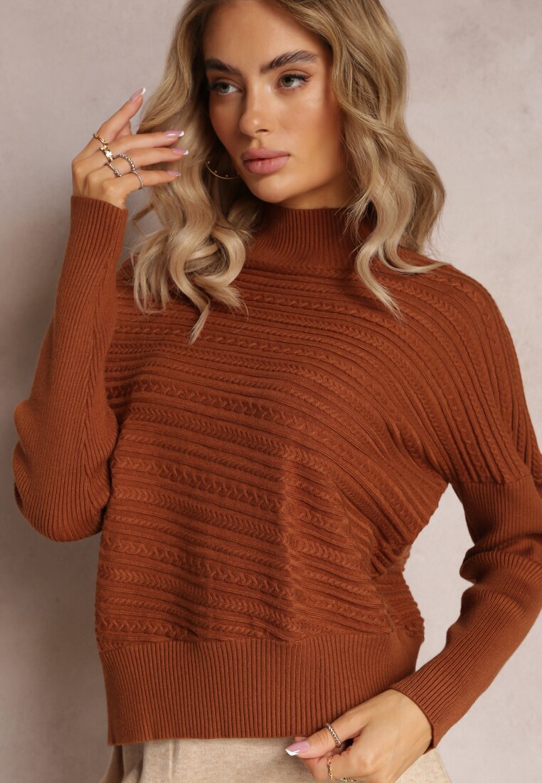wool fashion Pulover Asimetric Maro din Lână Decorat cu Imprimeu în Relief Aurorrsa