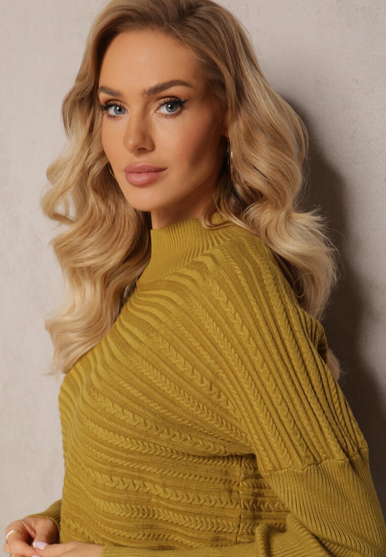wool fashion Pulover Asimetric Verde deschis cu Lână Decorat cu Relief Aurorrsa