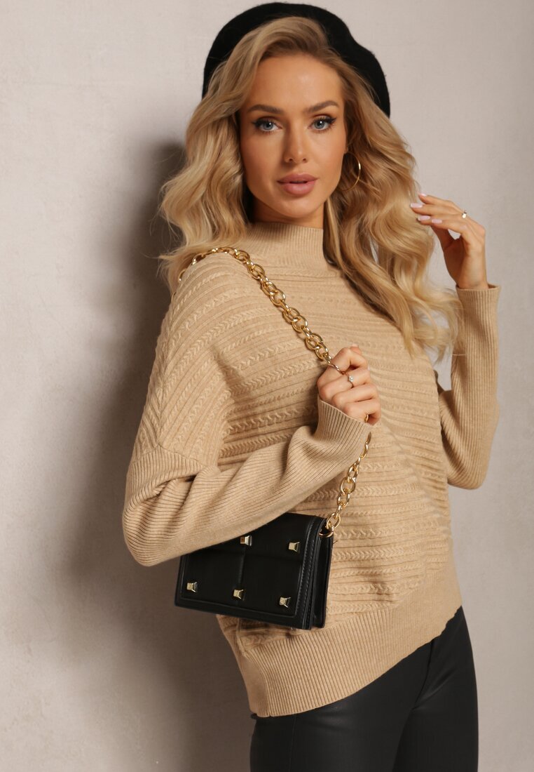 wool fashion Pulover Bej deschis Asimetric cu Lână Decorat cu Relief Aurorrsa
