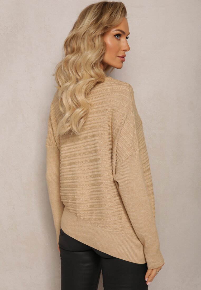 wool fashion Pulover Bej deschis Asimetric cu Lână Decorat cu Relief Aurorrsa
