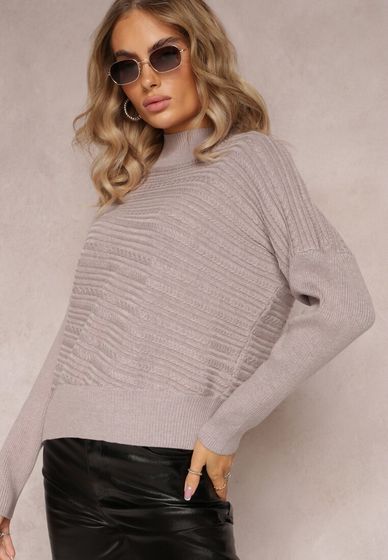 wool fashion Pulover bej închis asimetric cu lână decorat cu imprimeu în relief Aurorrsa