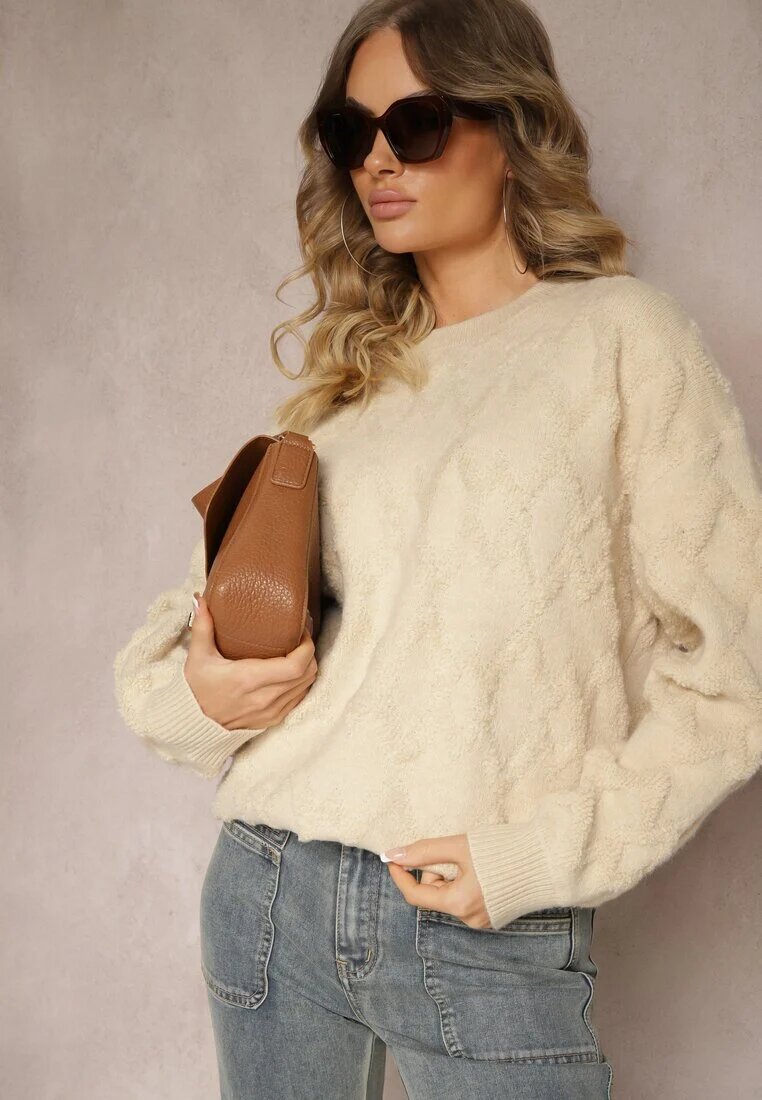 wool fashion Pulover bej lejer cu croi boxy și tricotaj în relief cu finisaje elastice Elomara