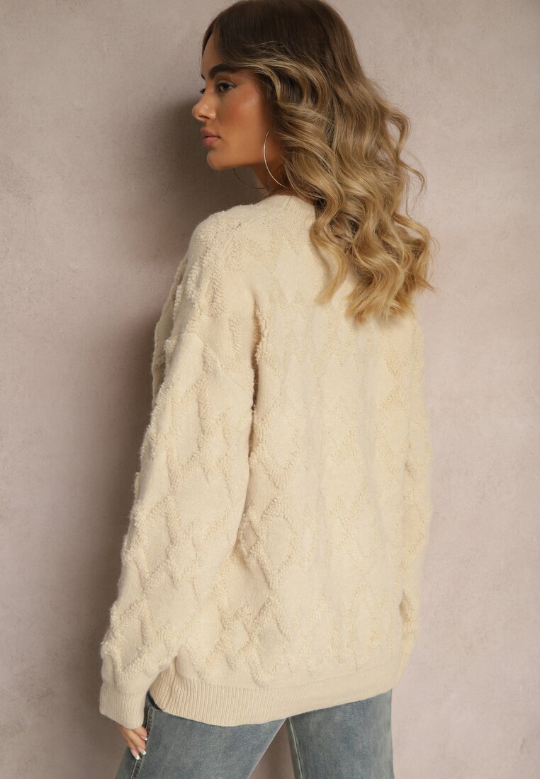 wool fashion Pulover bej lejer cu croi boxy și tricotaj în relief cu finisaje elastice Elomara