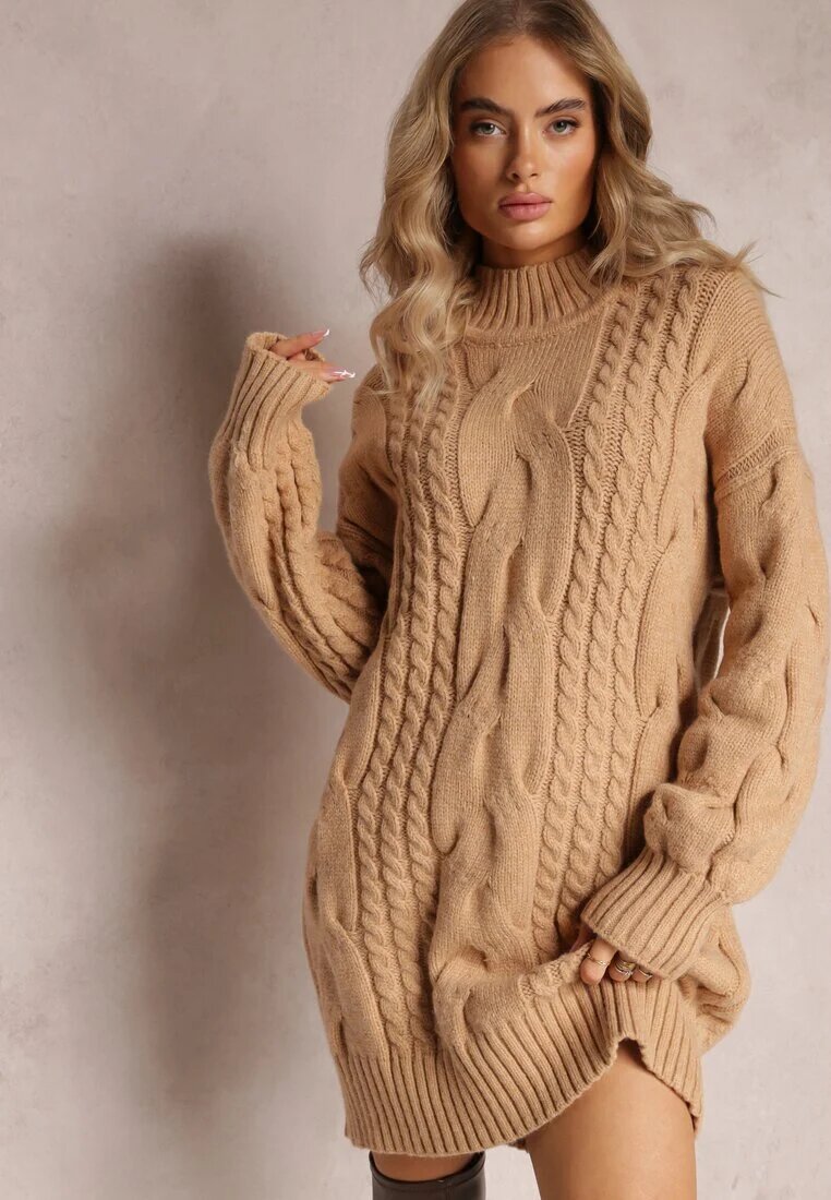 wool fashion Pulover Bej Lung cu Croi Lejer și Torsade Penerria