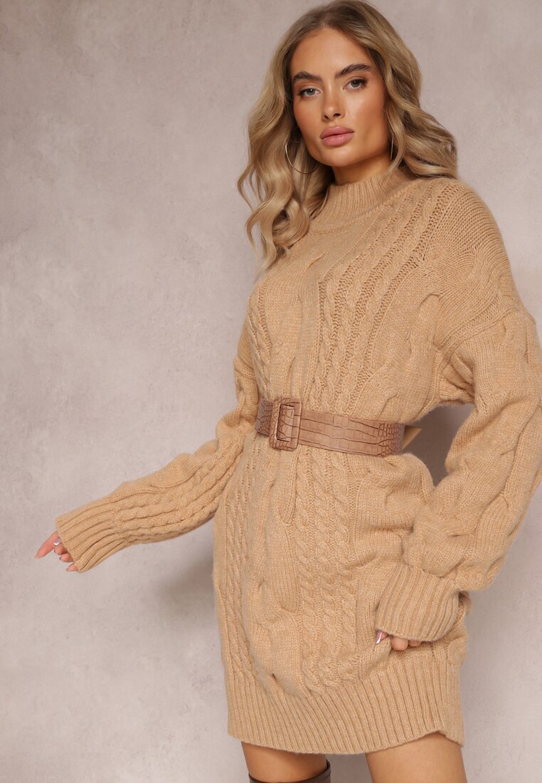 wool fashion Pulover Bej Lung cu Croi Lejer și Torsade Penerria