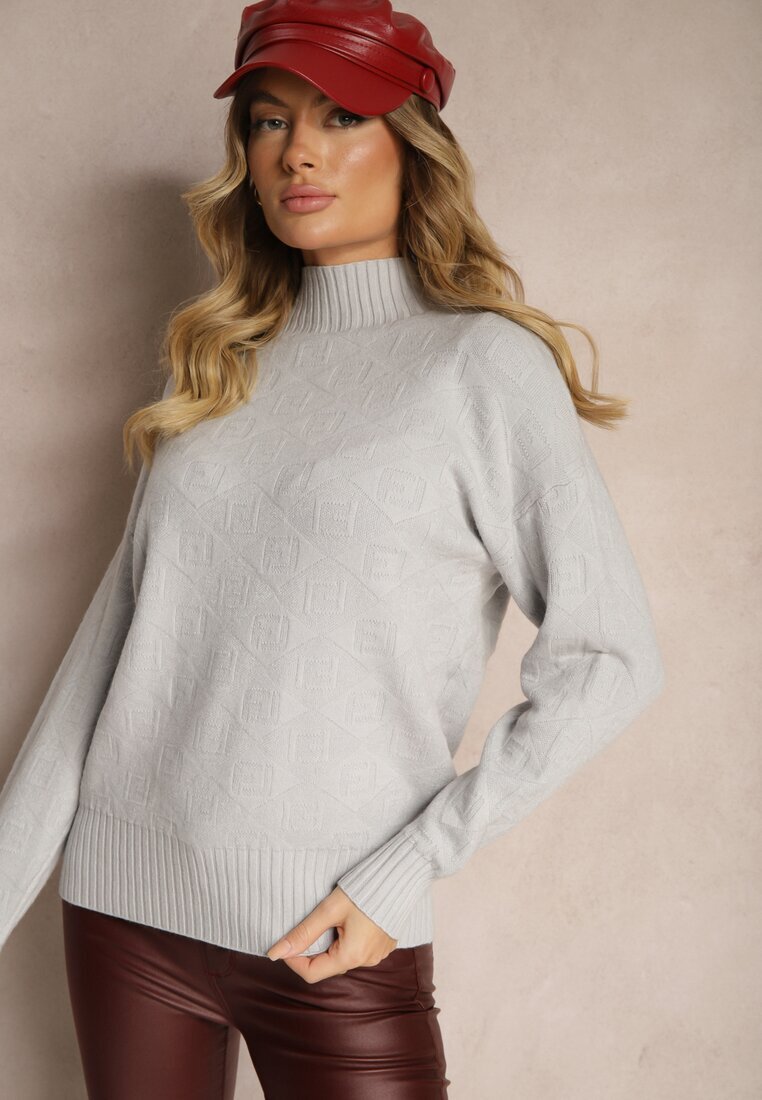 wool fashion Pulover cu guler rulat Gri deschis cu Imprimeu în relief și Nervuri Melovira