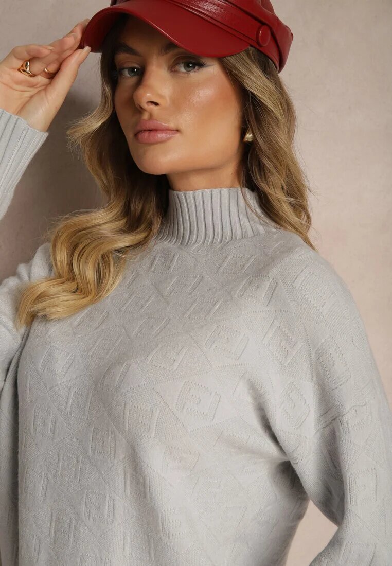 wool fashion Pulover cu guler rulat Gri deschis cu Imprimeu în relief și Nervuri Melovira