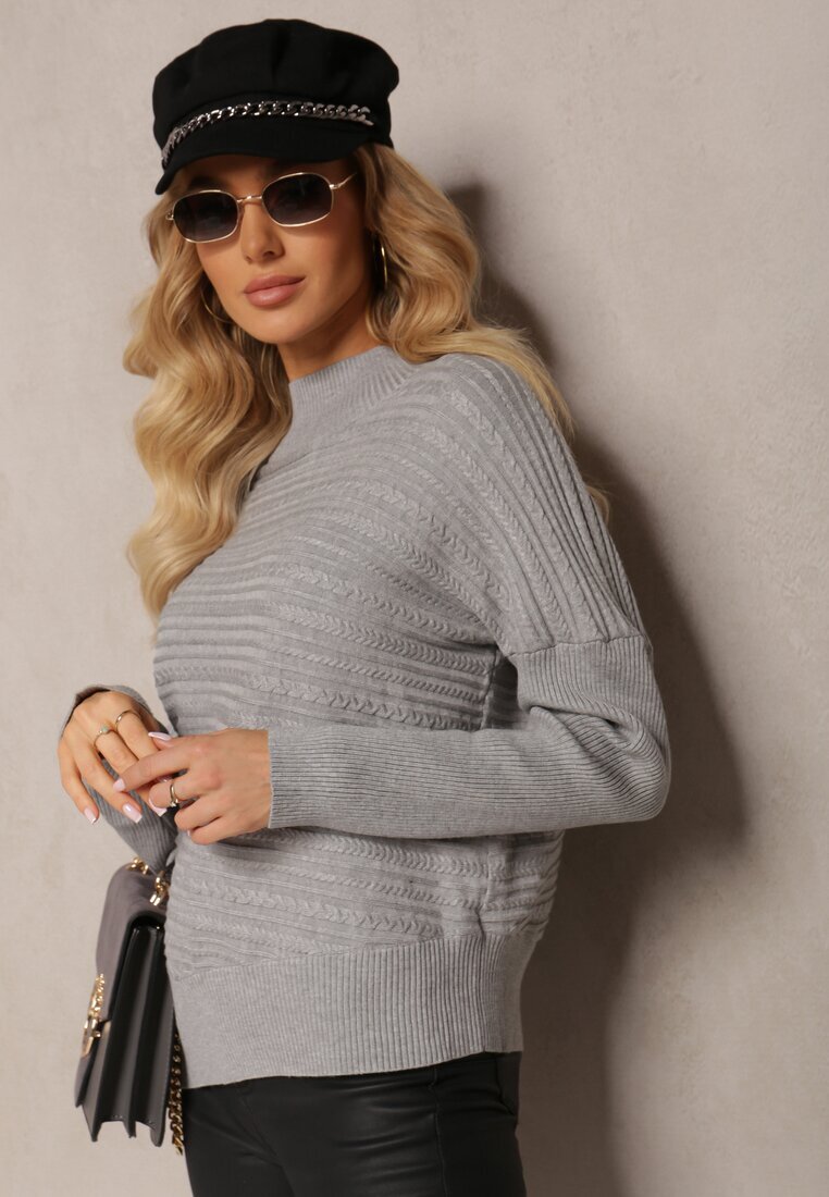 wool fashion Pulover Gri Asimetric cu Lână Decorat cu Ștanțare Aurorrsa