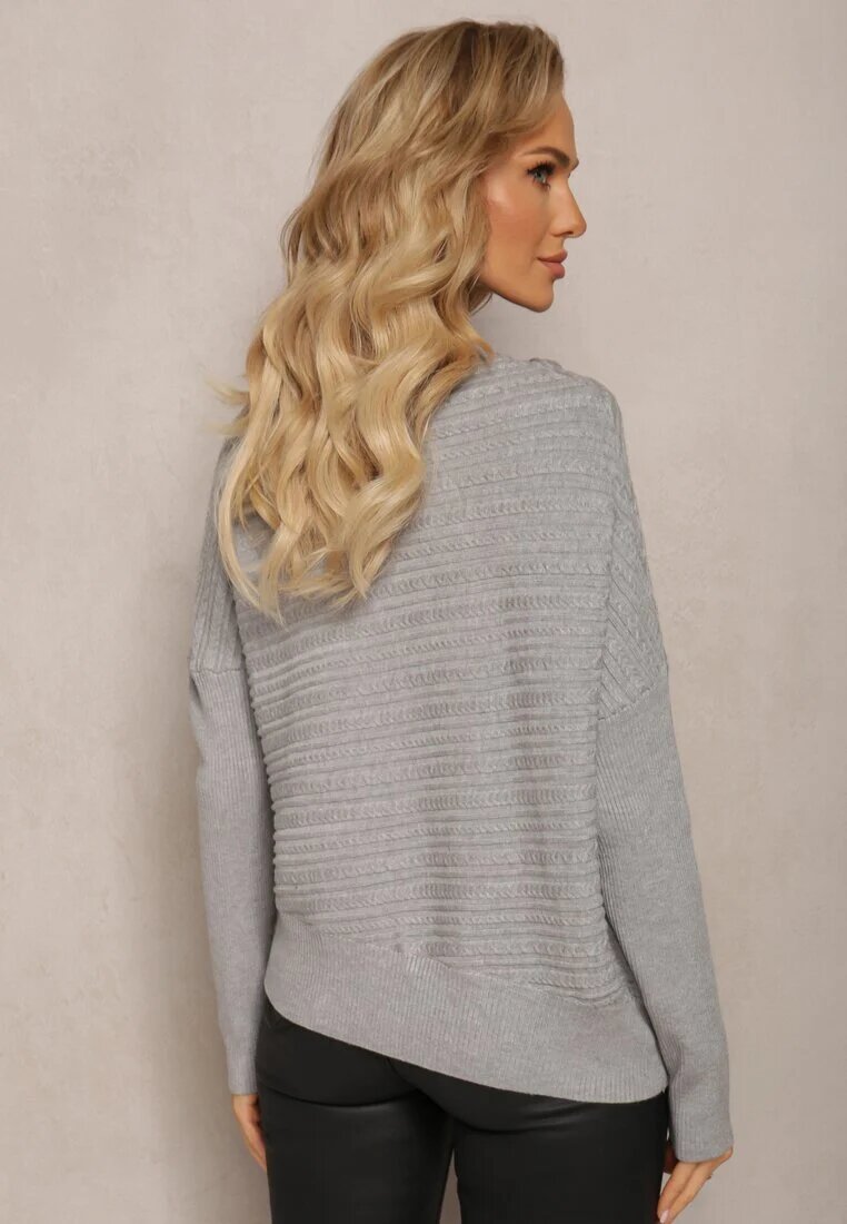 wool fashion Pulover Gri Asimetric cu Lână Decorat cu Ștanțare Aurorrsa