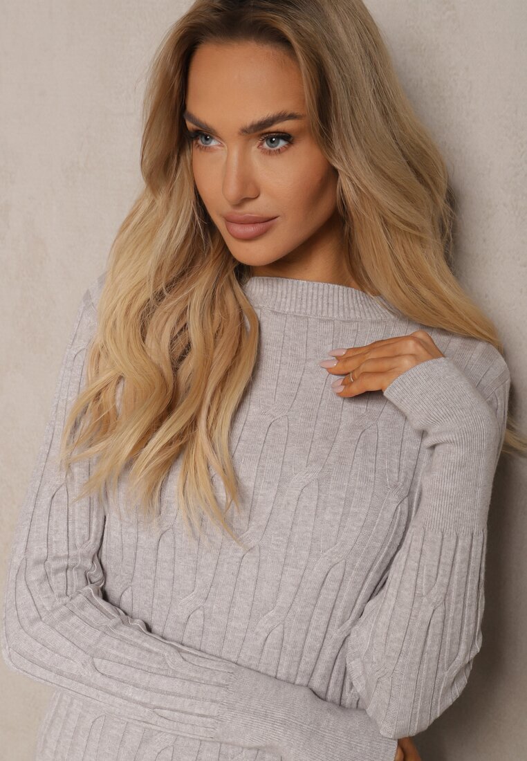 wool fashion Pulover Gri cu Viscoză și Împletitură Decorativă Saviana