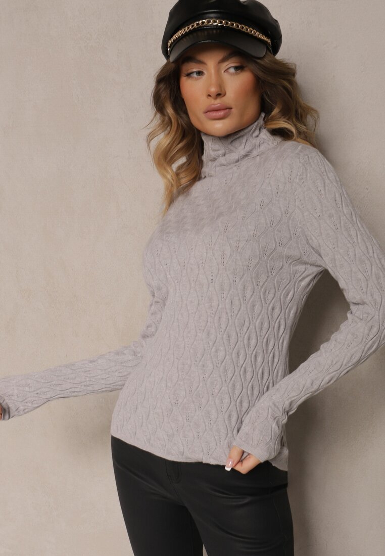 wool fashion Pulover Gri din Viscoză cu Model în Relief Cusut cu Fir Metalic Neldora