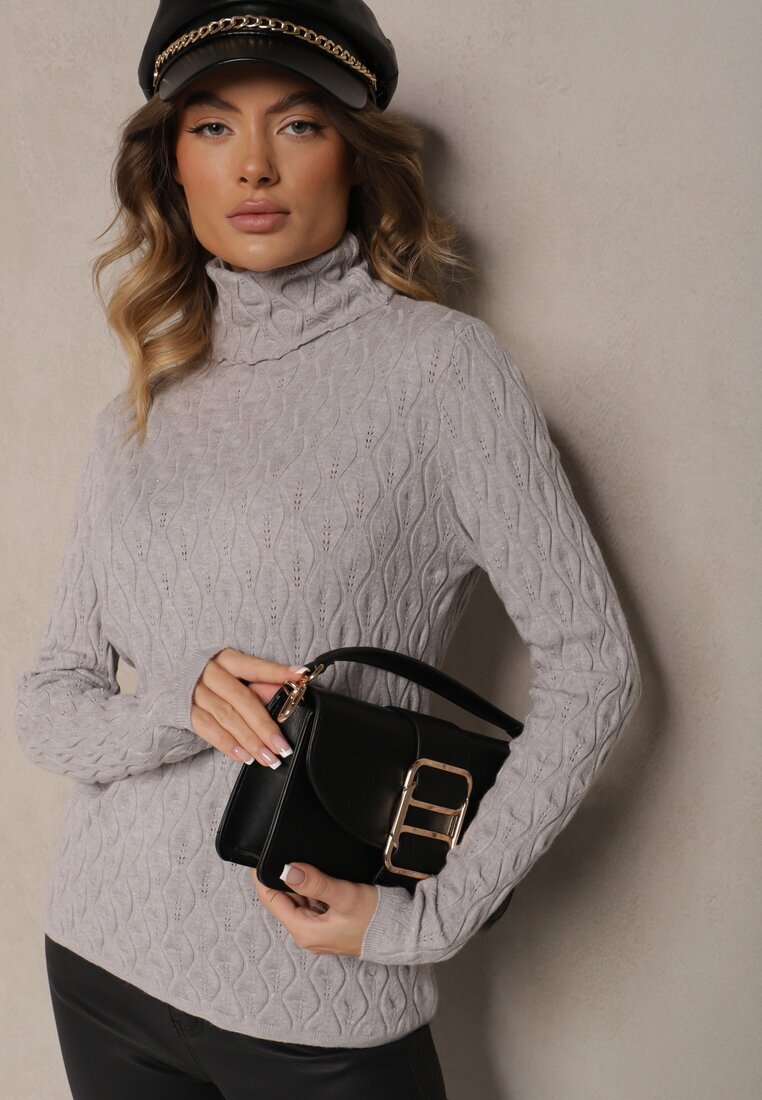 wool fashion Pulover Gri din Viscoză cu Model în Relief Cusut cu Fir Metalic Neldora