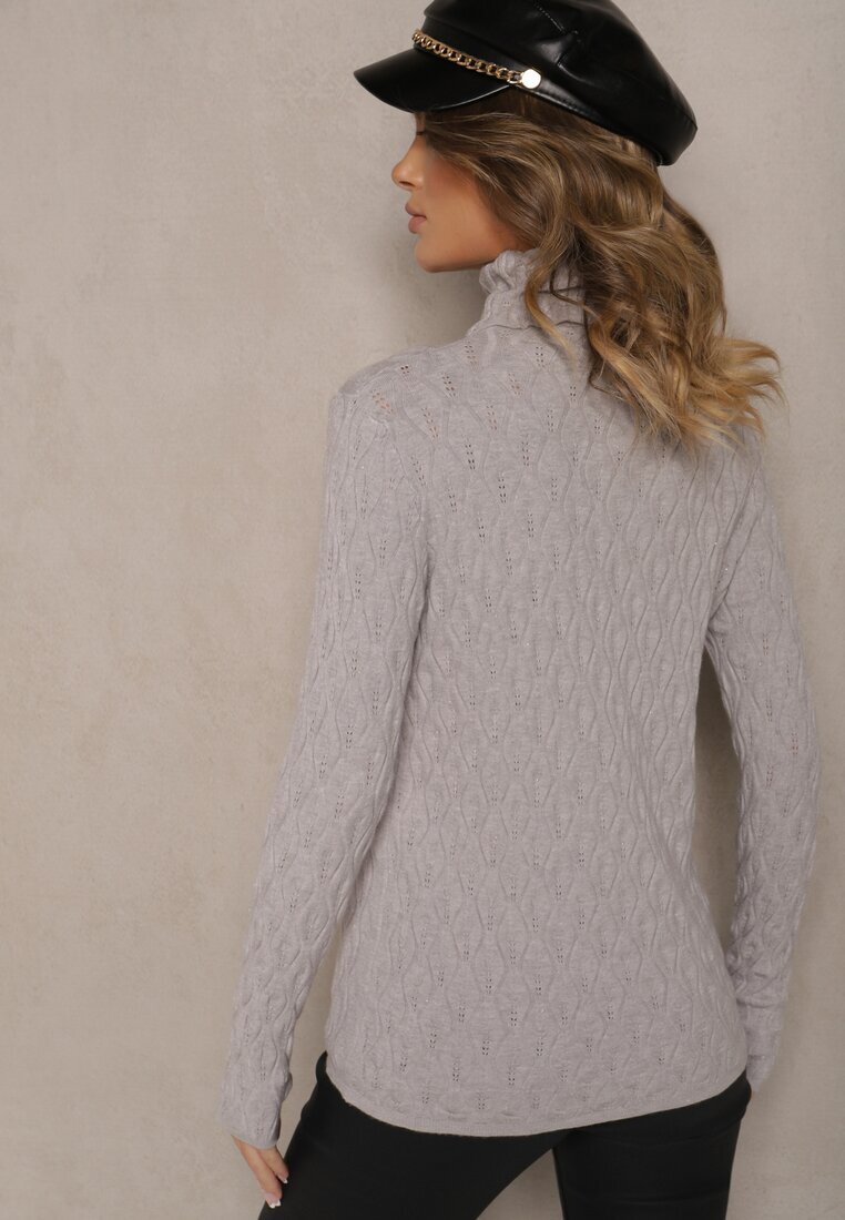 wool fashion Pulover Gri din Viscoză cu Model în Relief Cusut cu Fir Metalic Neldora