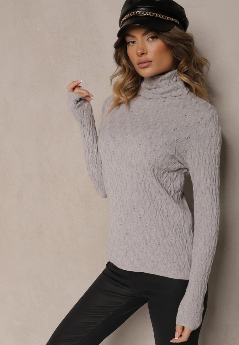 wool fashion Pulover Gri din Viscoză cu Model în Relief Cusut cu Fir Metalic Neldora