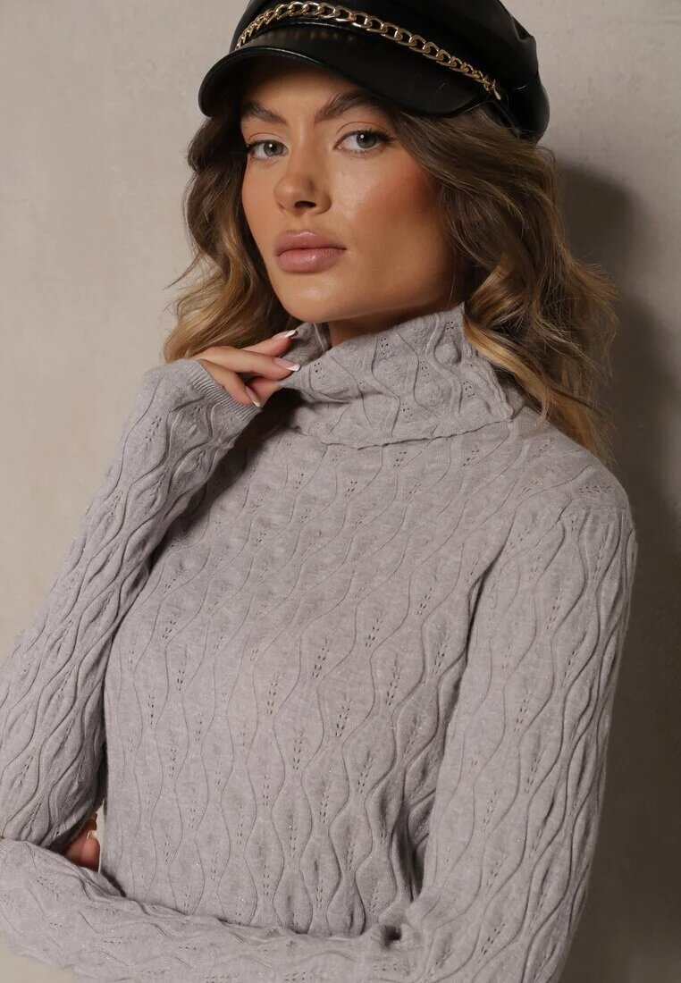 wool fashion Pulover Gri din Viscoză cu Model în Relief Cusut cu Fir Metalic Neldora