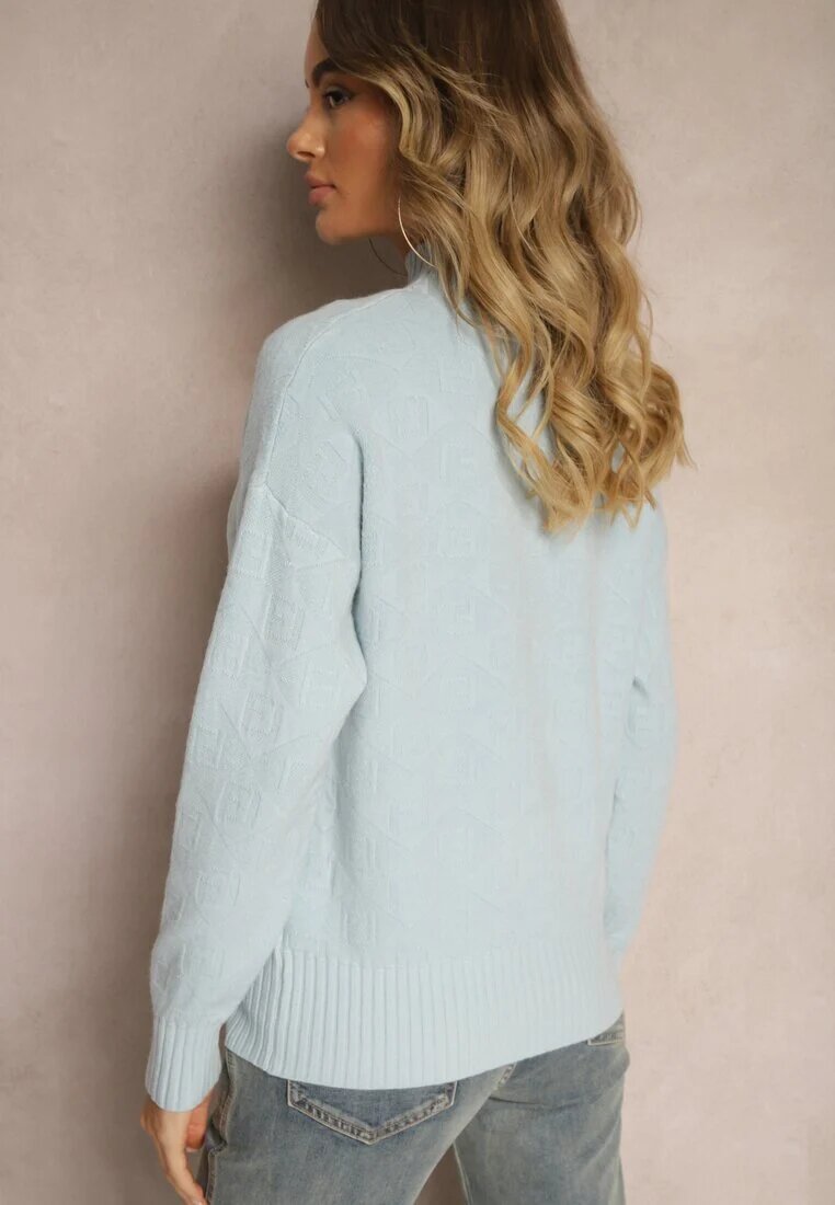 wool fashion Pulover guler înalt Albastru deschis cu Relief și cu Borduri Elastice Melovira