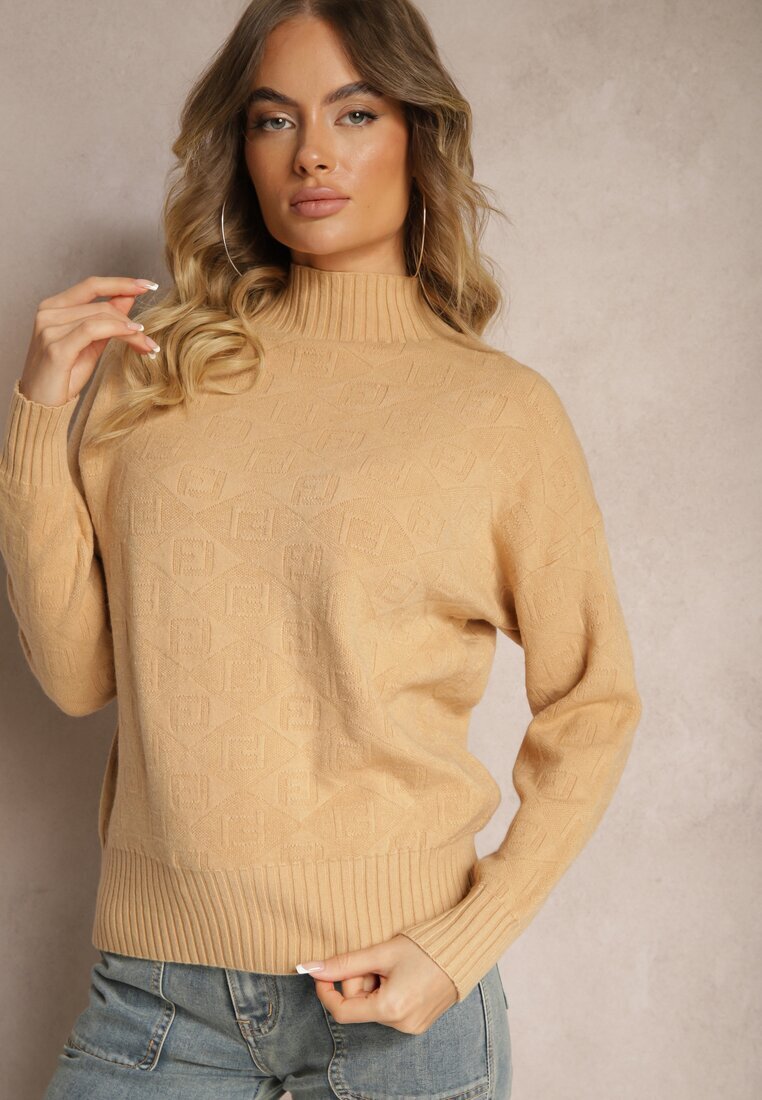 wool fashion Pulover guler înalt Bej cu model în relief și striatii Melovira