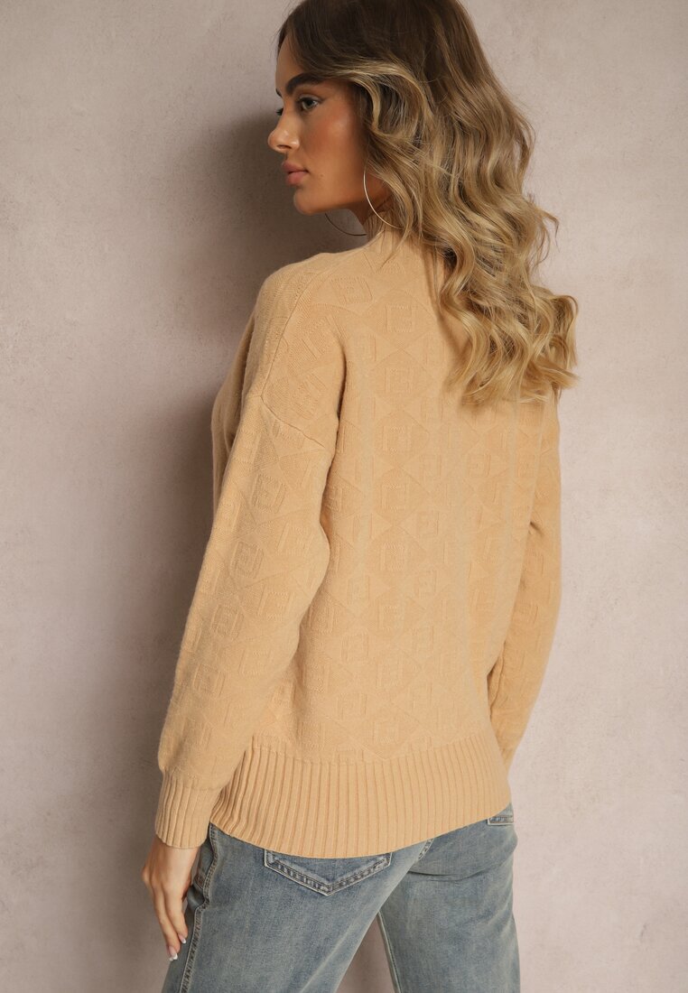 wool fashion Pulover guler înalt Bej cu model în relief și striatii Melovira