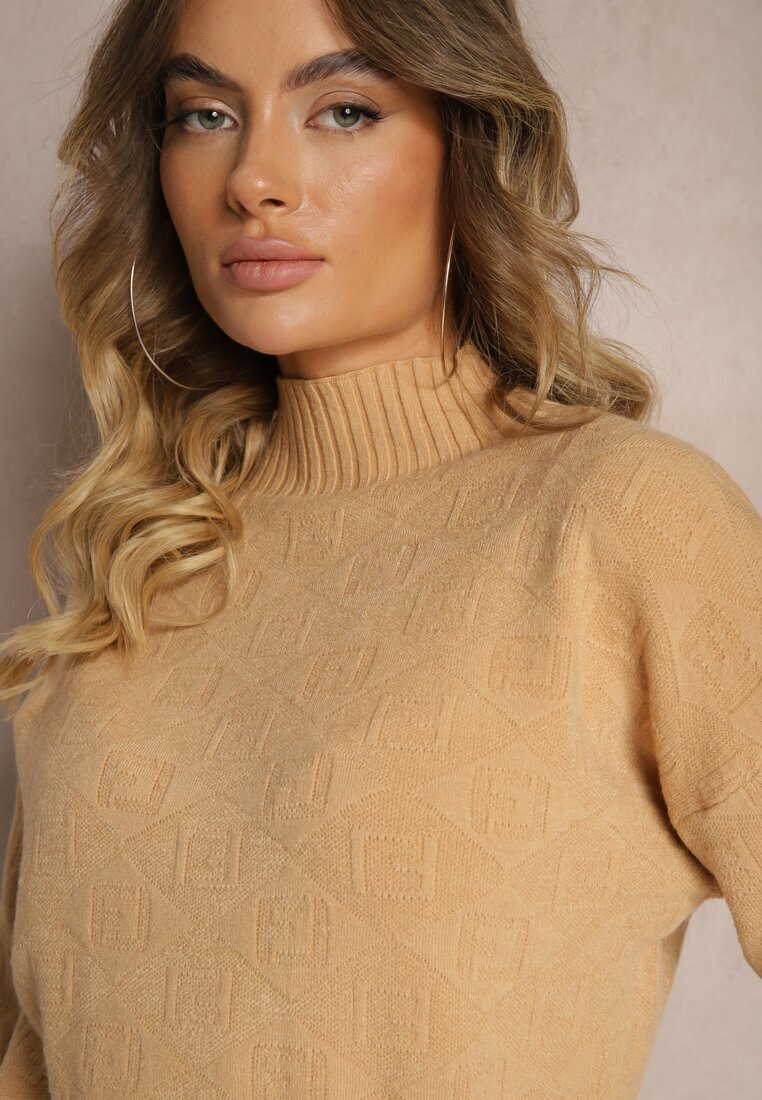 wool fashion Pulover guler înalt Bej cu model în relief și striatii Melovira