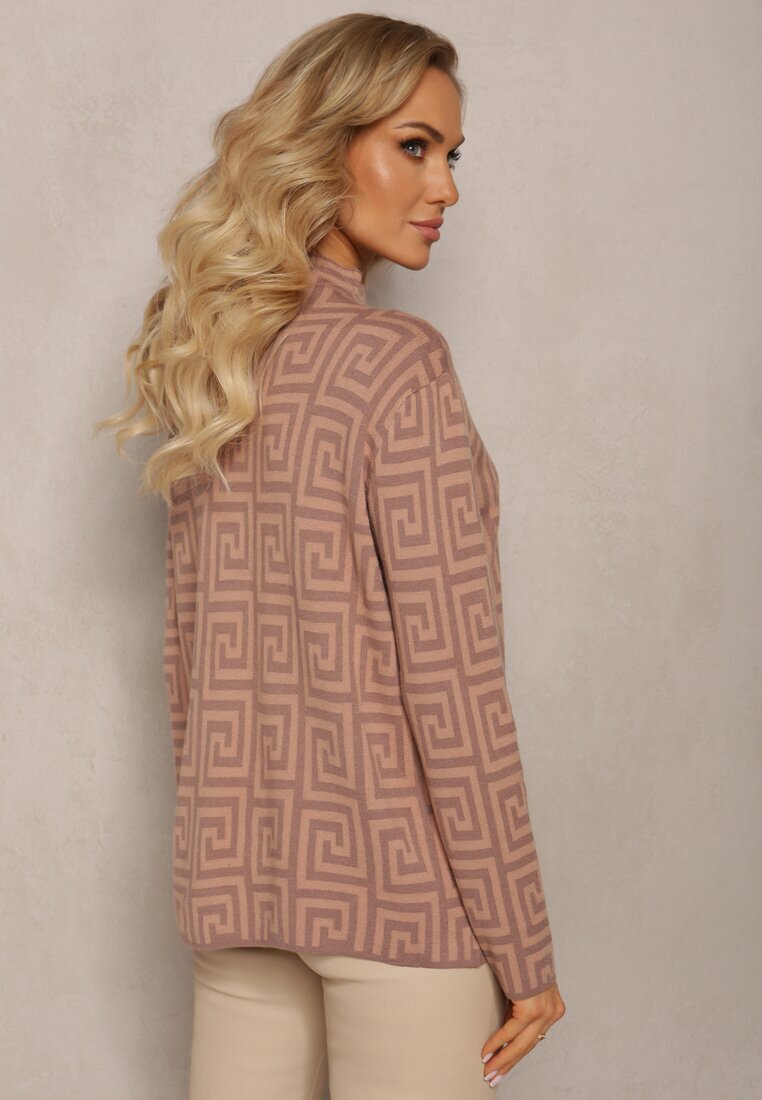 wool fashion Pulover guler semi-înalt Bej închis din tricot cu motiv geometric și fermoare suplimentare Vulla