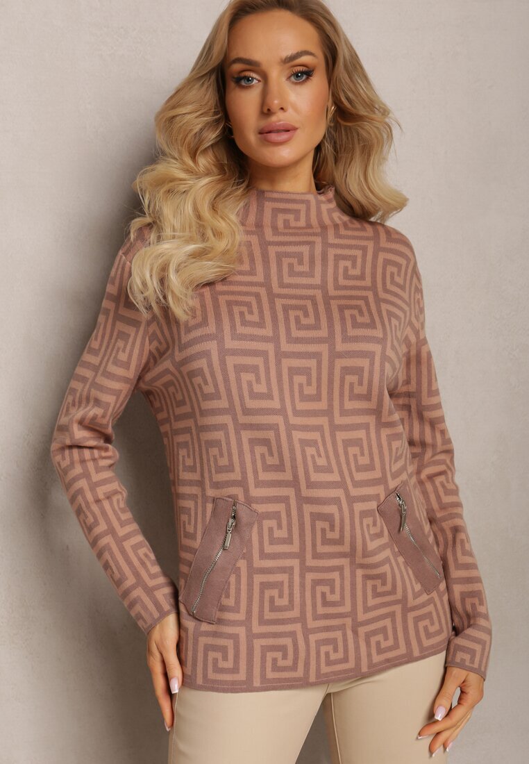 wool fashion Pulover guler semi-înalt Bej închis din tricot cu motiv geometric și fermoare suplimentare Vulla