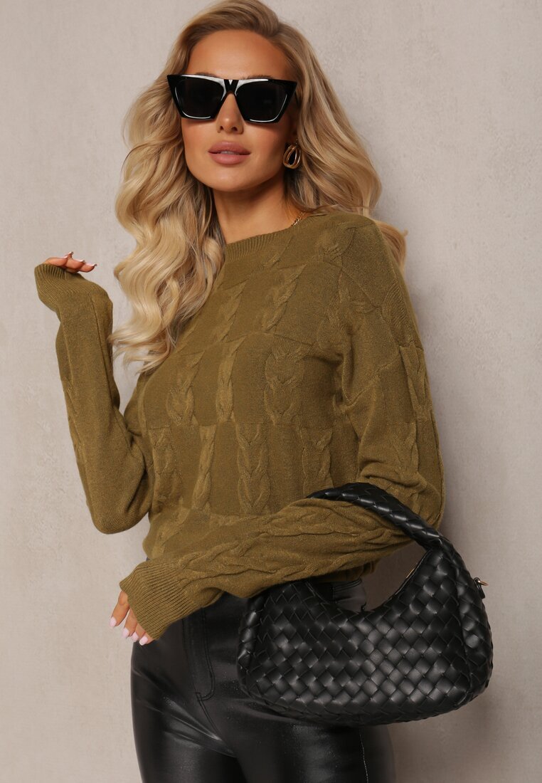 wool fashion Pulover împletit verde închis cu mânecă lungă și borduri elastice Kaviss