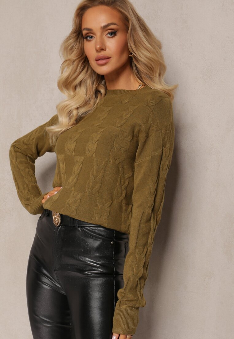 wool fashion Pulover împletit verde închis cu mânecă lungă și borduri elastice Kaviss