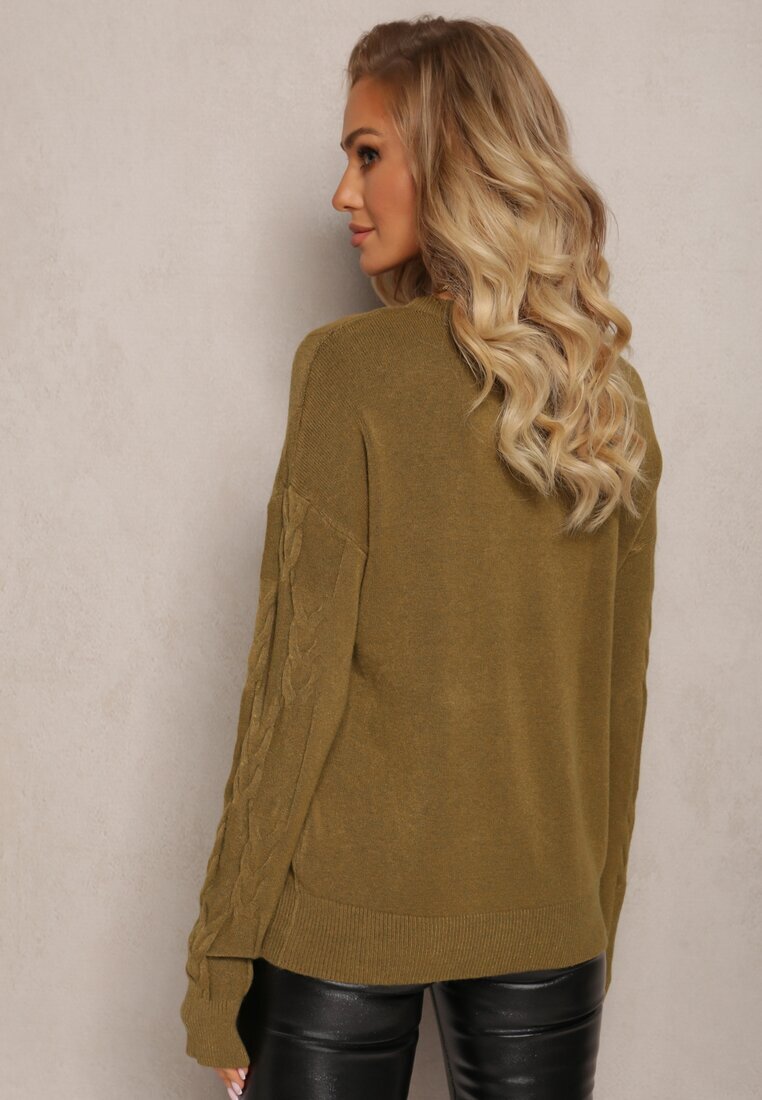 wool fashion Pulover împletit verde închis cu mânecă lungă și borduri elastice Kaviss