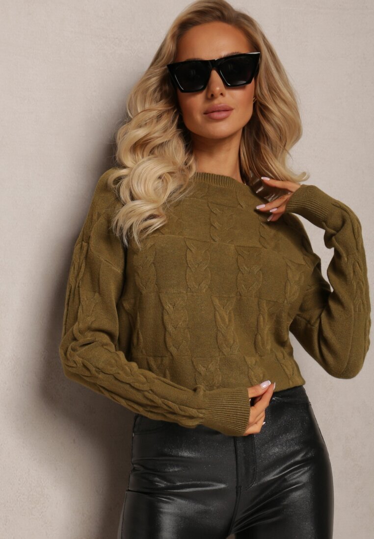 wool fashion Pulover împletit verde închis cu mânecă lungă și borduri elastice Kaviss