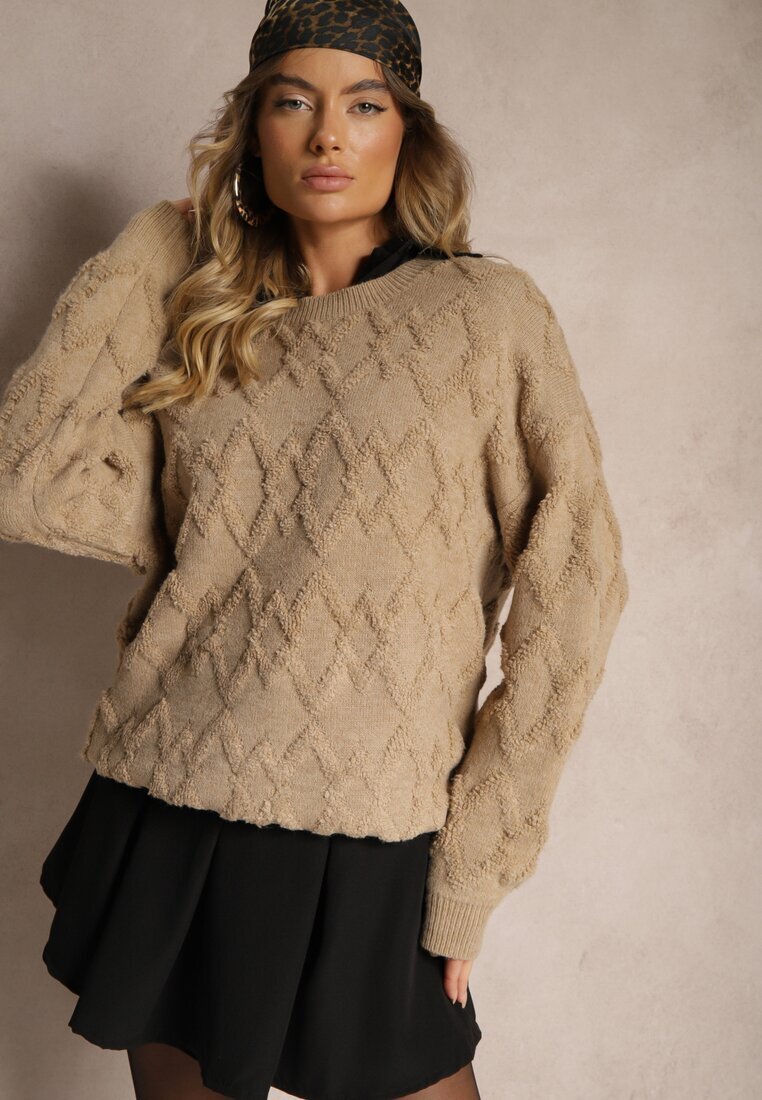 wool fashion Pulover Lejer Bej Închis cu Croială Tip Cutie și Tricotaj în Relief cu Manșete Elomara