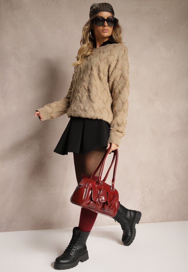 wool fashion Pulover Lejer Bej Închis cu Croială Tip Cutie și Tricotaj în Relief cu Manșete Elomara