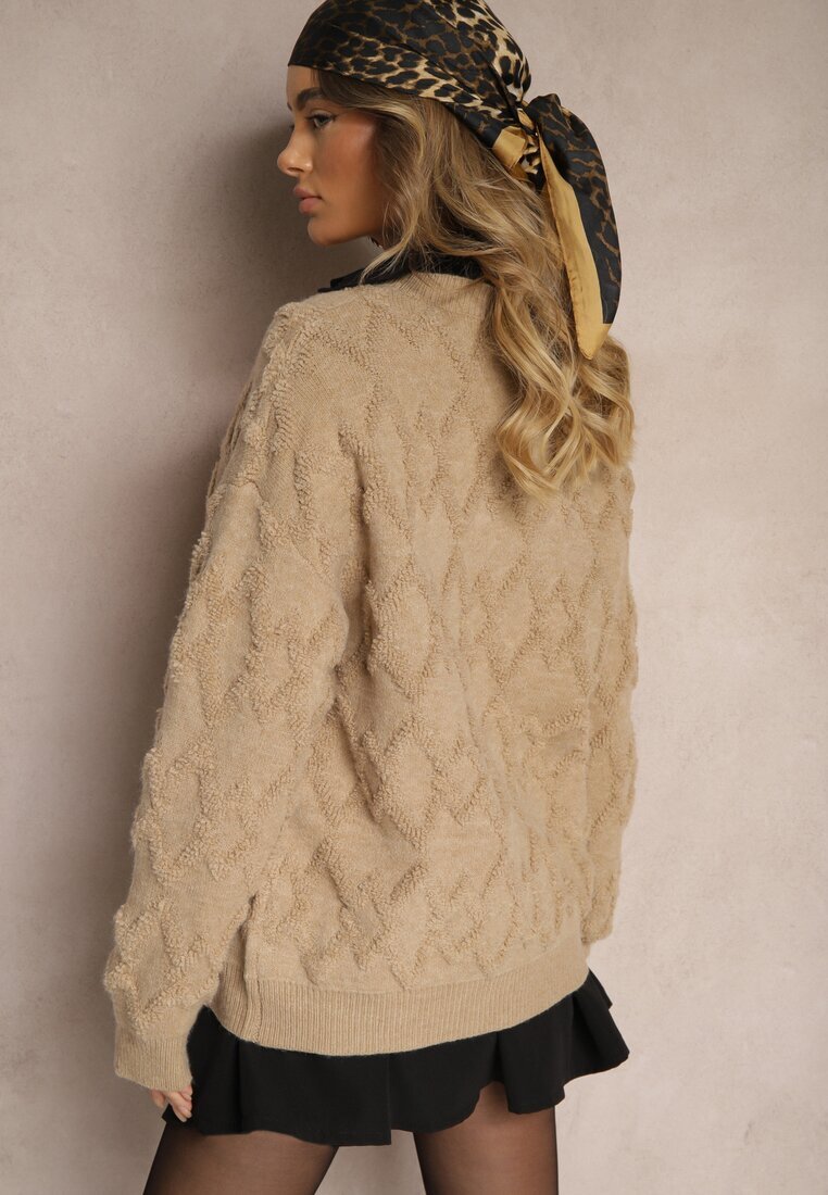 wool fashion Pulover Lejer Bej Închis cu Croială Tip Cutie și Tricotaj în Relief cu Manșete Elomara